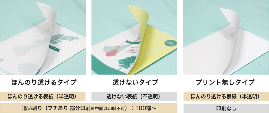 プラゼロタイプは「ほんのり透けるタイプ」「透けないタイプ」「プリント無しタイプ」から選べます