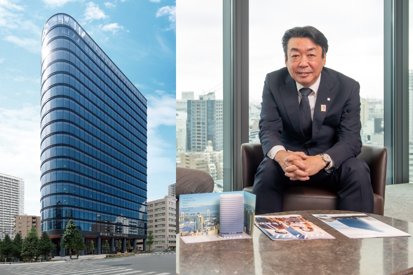 髙松建設本社ビル外観と髙松社長