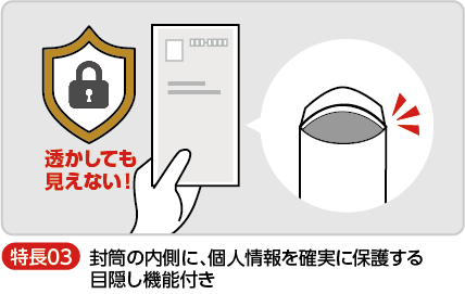 封筒の内側に、個人情報を確実に保護する目隠し機能付き