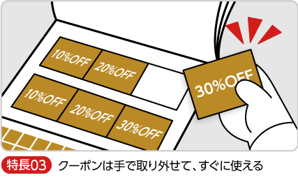 クーポンは手で取り外せて、すぐに使える